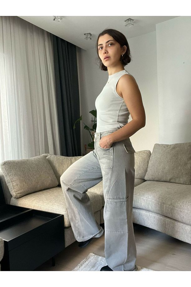Bisiklet Yaka Lyc lı Kolsuz Pamuklu T-shırt Triko Bluz-M - Taş - 6