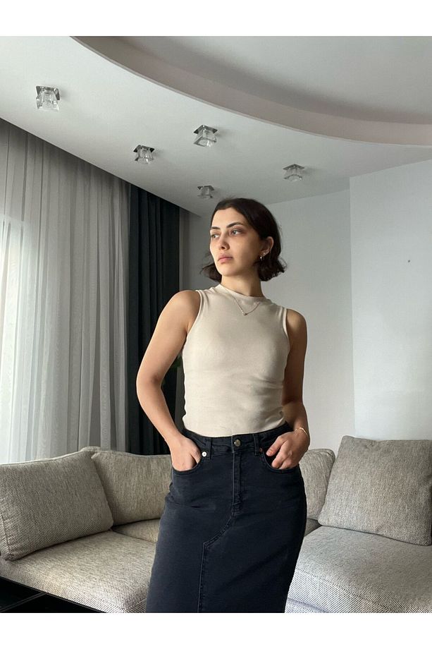 Bisiklet Yaka Lyc Lı Kolsuz Pamuklu T-shırt Triko Bluz - Bej - 8