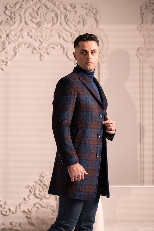 Slimfit Kaşmir Yünlü Ekose Tek Pileli Erkek Kaban - 4