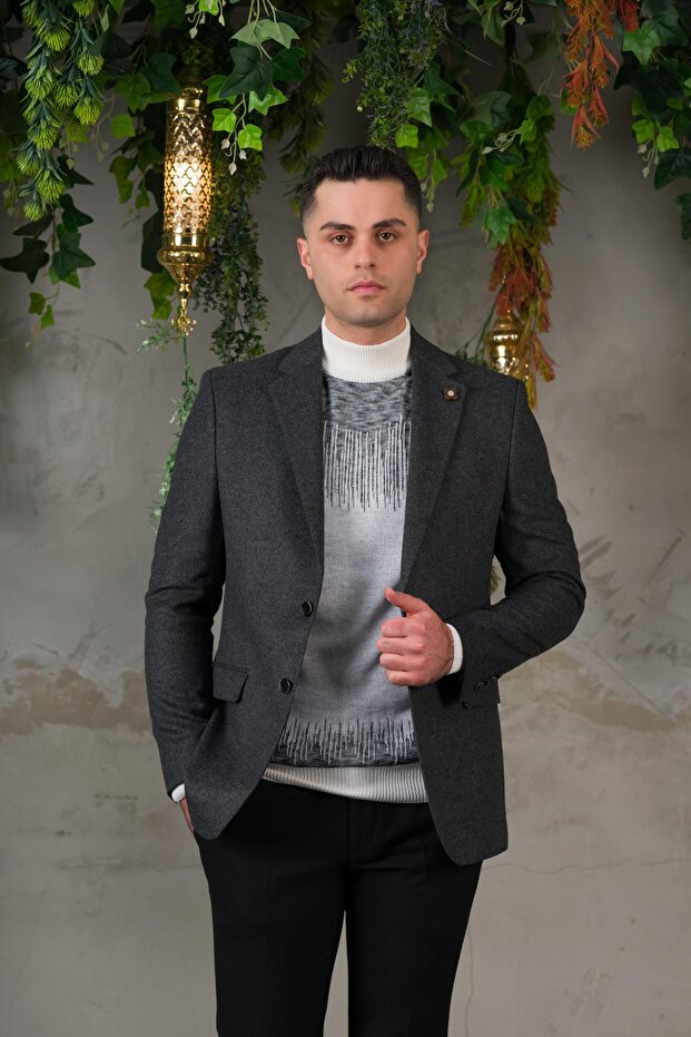 Yünlü Mono Yaka Kaşmir Çift Yırtmaç 6 Drop Kışlık Erkek Tek Ceket Sr67502 - 3