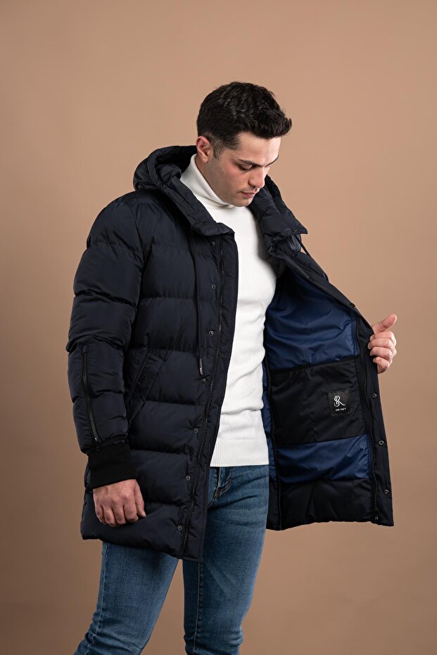 Regular Fit Kapşonlu Astarlı Uzun Kalın Şişme Mont - 3