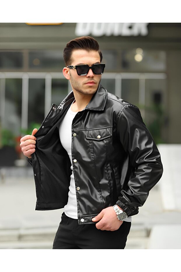 معطف وسترة جلدية بجيب مزدوج باللون الأسود - 1