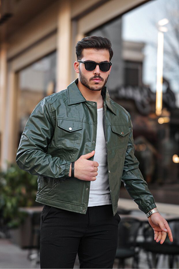 Green Double Flap Pocket Leather Coat & Jacket - 1