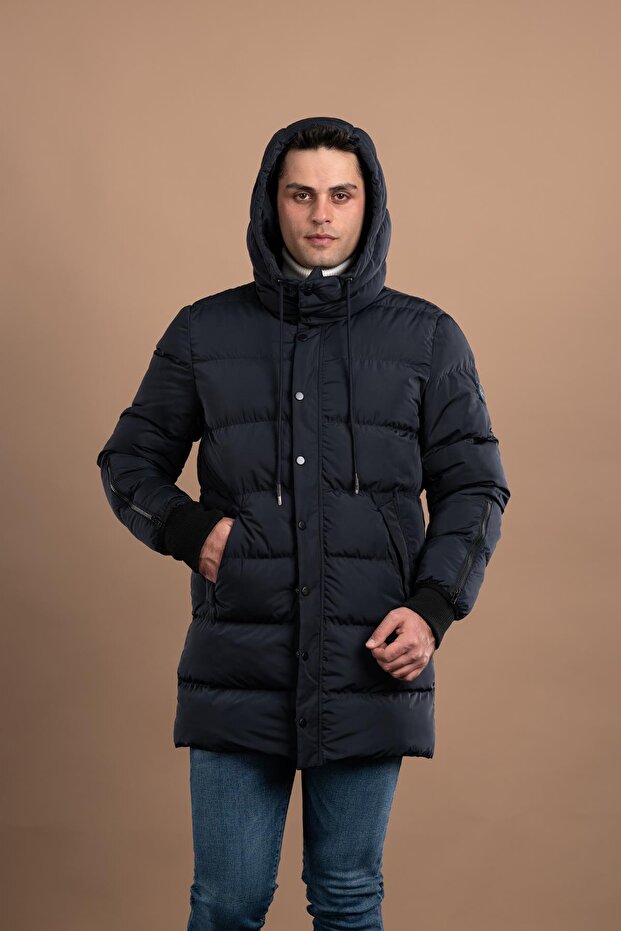 Regular Fit Kapşonlu Astarlı Uzun Kalın Şişme Mont - 5