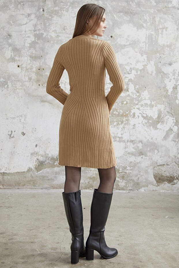 Fitilli Kısa Triko Elbise - Camel - 6