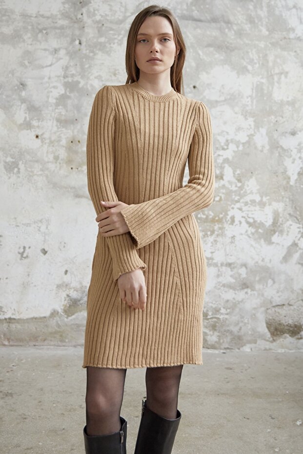 Fitilli Kısa Triko Elbise - Camel - 5