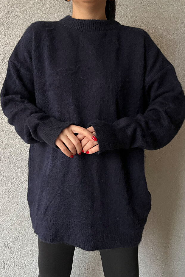 Navy Blue Bearded Basic Sweater - 2