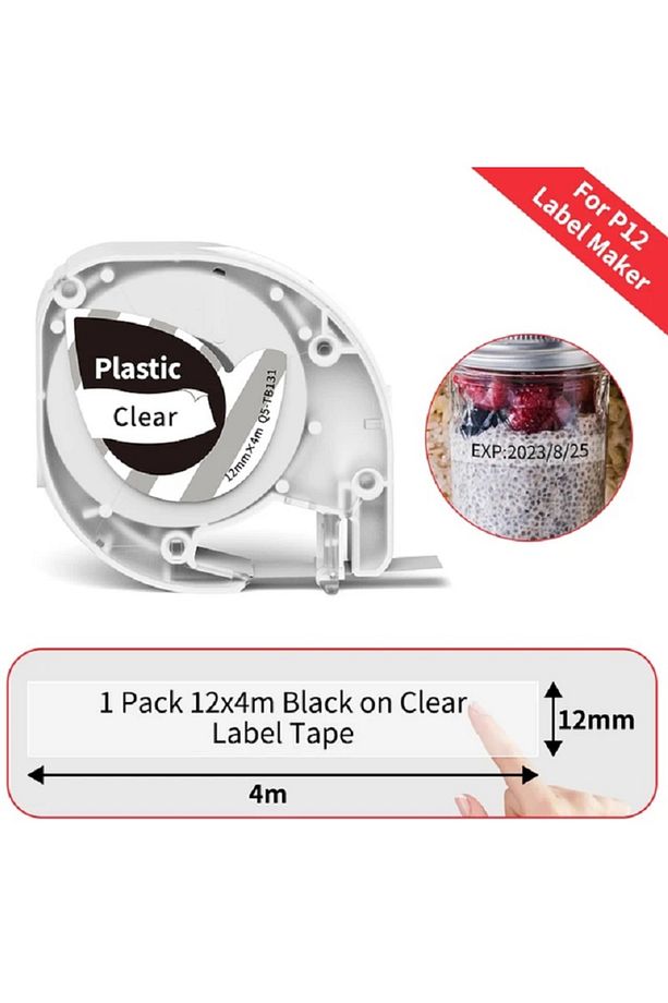 Q5-TB131 Plastik, Şeffaf Üzerine Siyah 12mmx4m (Clear) P12/ P12pro için Yapışkanlı Etiket Şeridi - 1