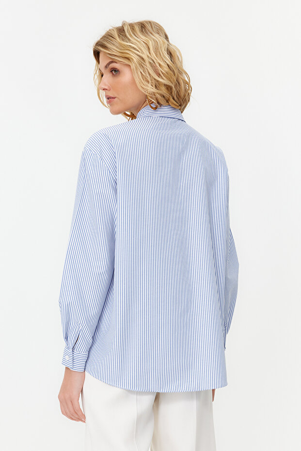 Lacivert Çizgili Oversize Geniş Kalıp Dokuma Gömlek TWOAW23GO00359 - 6