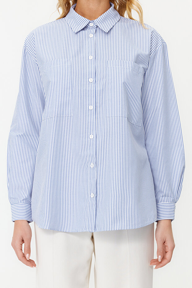 Lacivert Çizgili Oversize Geniş Kalıp Dokuma Gömlek TWOAW23GO00359 - 4