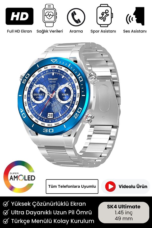 2024 Model SK4 Ultimate Amoled HD Oval Ekran Spor ve Sağlık Sensörlü IOS Android Uyumlu Akıllı Saat - 1
