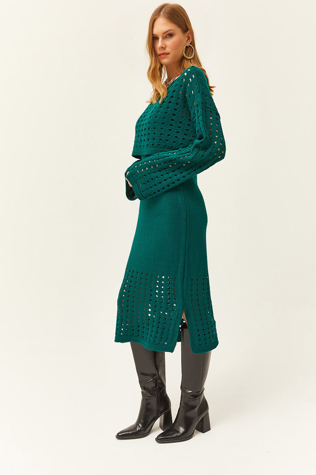 Women's Emerald Green Top Openwork Sweater Bottom Openwork Dress Knitwear Set TKM-19000246