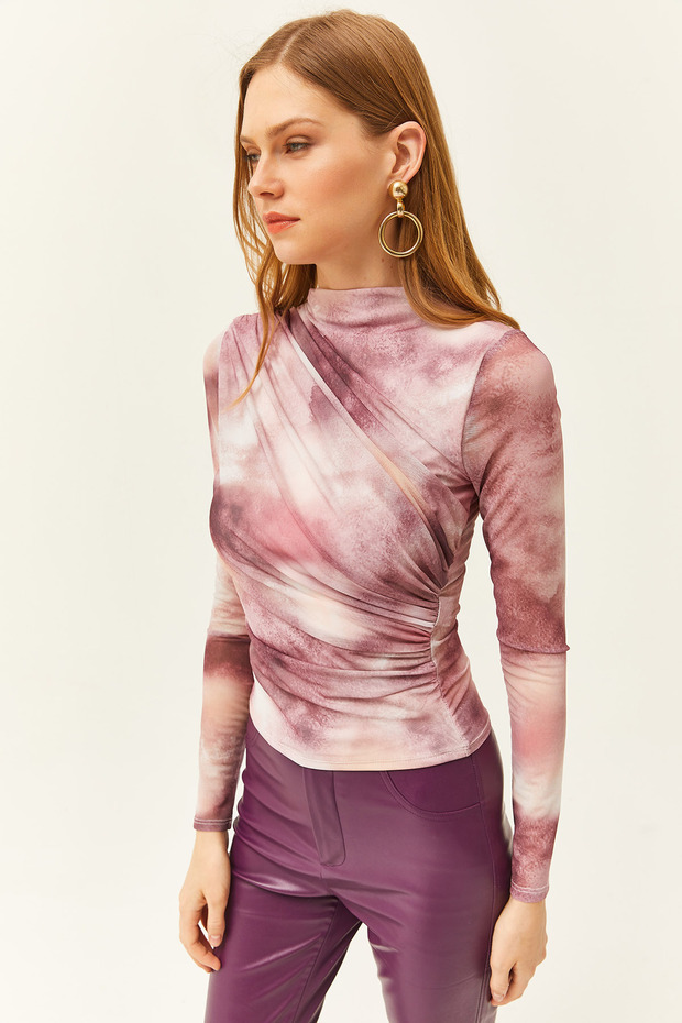 Kadın Gül Kurusu Drape Detaylı Önü Astarlı Tül Bluz BLZ-19002469 - 2