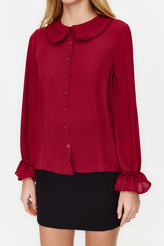 Bordo Bebe Yaka Ponpon Detaylı Regular Normal Kalıp Dokuma Gömlek TWOAW21GO0717 - 8