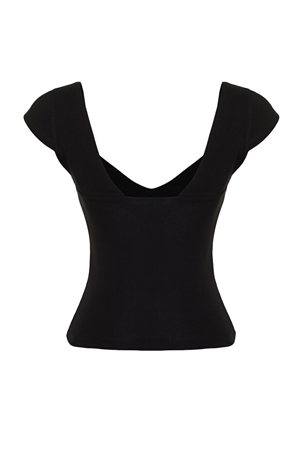 Siyah Kalp Yaka Vücuda Oturan Pamuklu Esnek Örme Bluz TWOSS24BZ00113 - 8