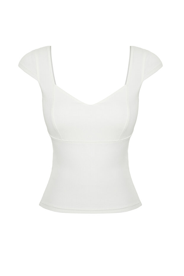 Ekru Kalp Yaka Vücuda Oturan Pamuklu Esnek Örme Bluz TWOSS24BZ00113 - 7