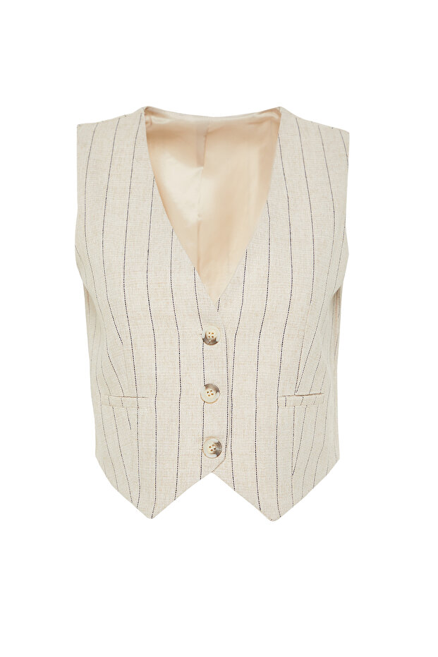Bej Çizgili Pamuk Keten Crop Dokuma Yelek TWOSS24YE00025 - 16