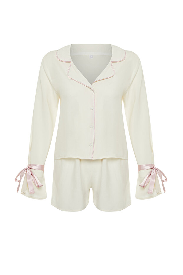 Ekru Bağlamalı/Kurdele/Fiyonklu ve Biyeli Viskon Şortlu Dokuma Pijama Takımı THMSS24PT00047 - 7