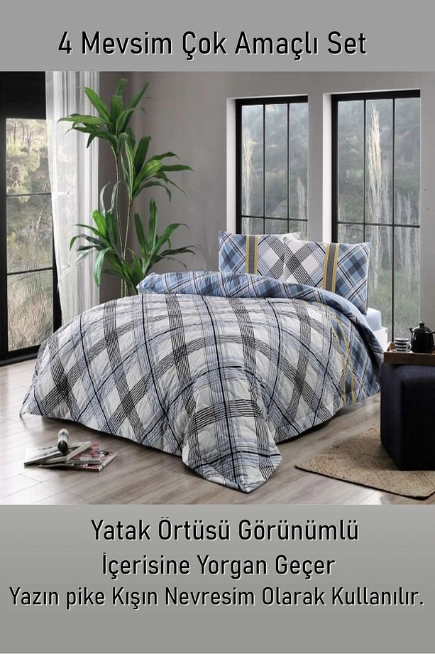 Floyd Mavi 4 Mevsim Çok Amaçlı Kapitoneli Tek Kişilik Set + Yorgan + Yastık - 3
