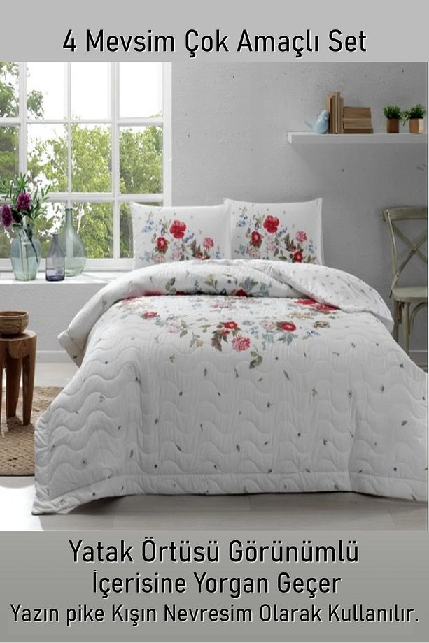 Sander Kırmızı 4 Mevsim Çok Amaçlı Kapitoneli Tek Kişilik Set + Yorgan + Yastık - 3