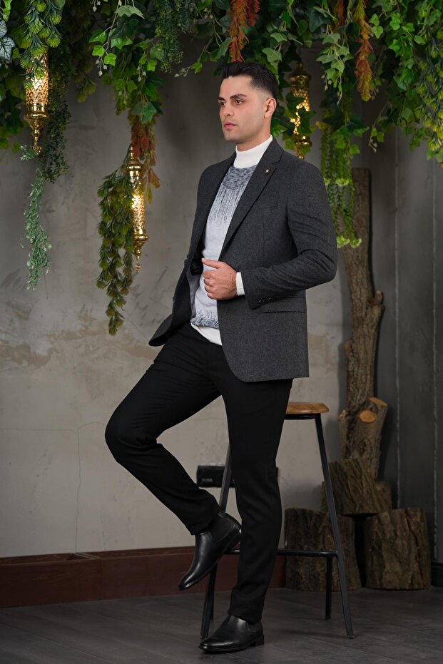 Yünlü Mono Yaka Kaşmir Çift Yırtmaç 6 Drop Kışlık Erkek Tek Ceket Sr67502 - 1