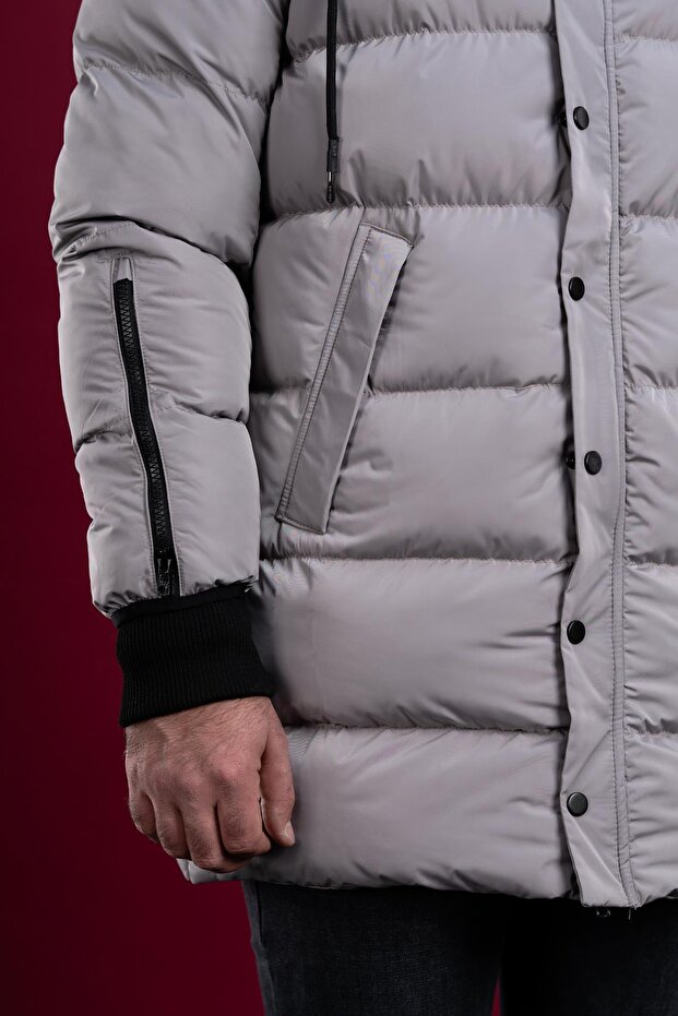 Regular Fit Kapşonlu Astarlı Uzun Kalın Şişme Mont - 6