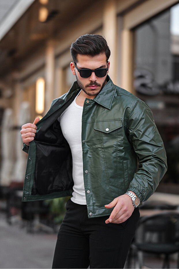 Green Double Flap Pocket Leather Coat & Jacket - 3