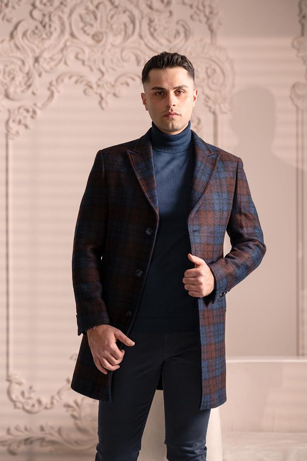 Slimfit Kaşmir Yünlü Ekose Tek Pileli Erkek Kaban - 5
