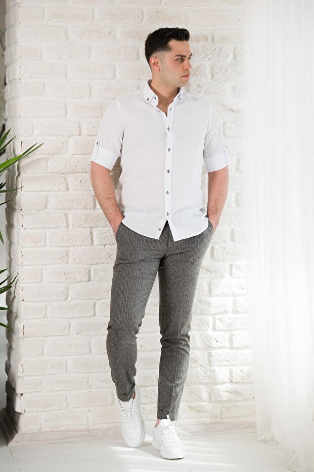 Textured Slimfit Men's Shirt with Collar Buttons