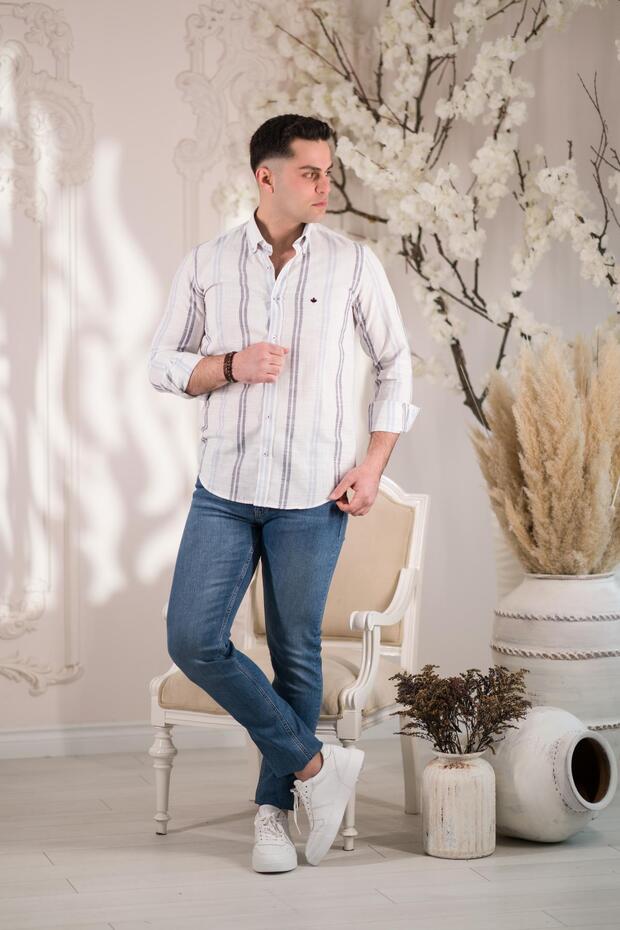 Striped Collar Buttoned Linen Summer Men's Shirt