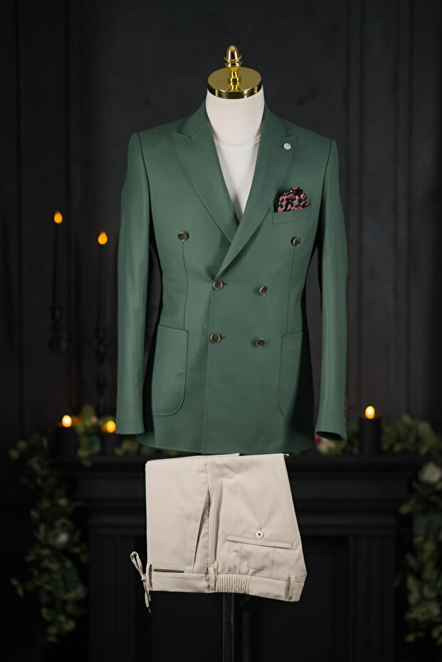 Regular Fit Çift Yırtmaç Astarlı Erkek Kruvaze Tek Ceket - 1