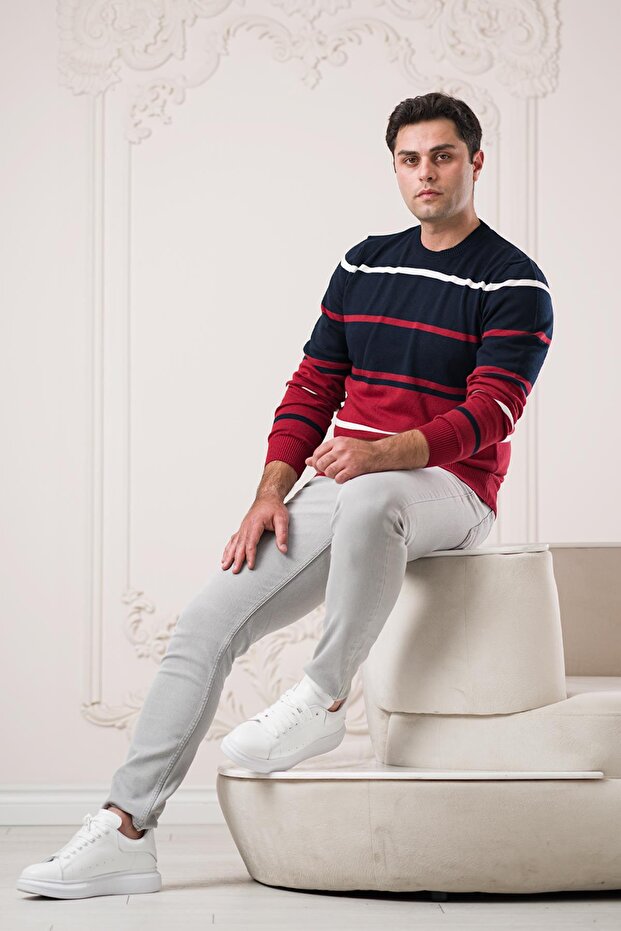 Slimfit Crew Neck Striped Cotton Men's Sports Sweater