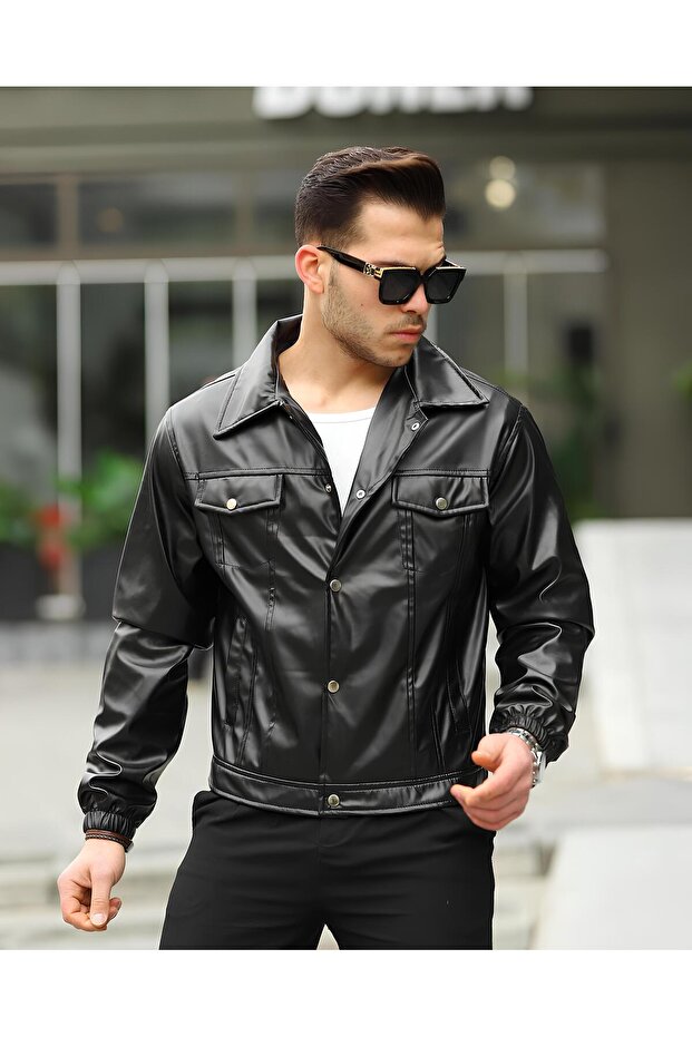 معطف وسترة جلدية بجيب مزدوج باللون الأسود - 2