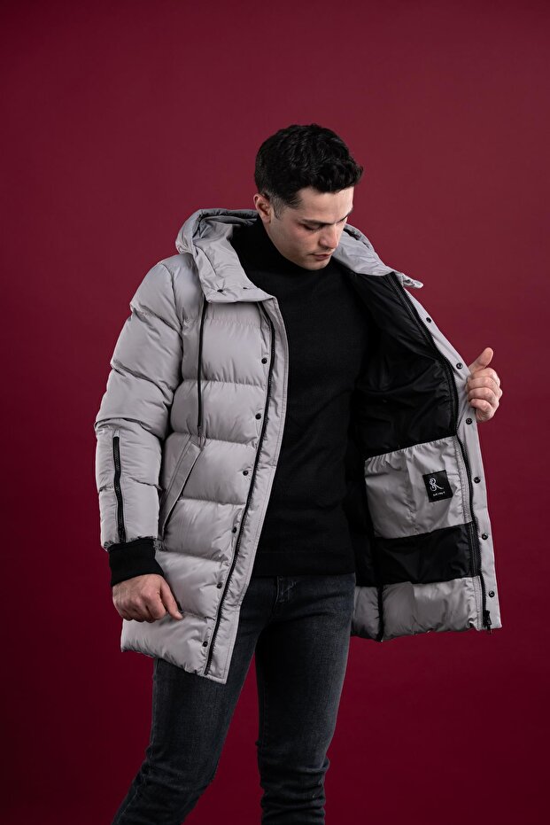 Regular Fit Kapşonlu Astarlı Uzun Kalın Şişme Mont - 3