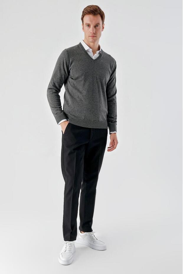 Slimfit V-Neck Plain Basic Model Cotton Men's Long Sleeve Knitwear Sweater