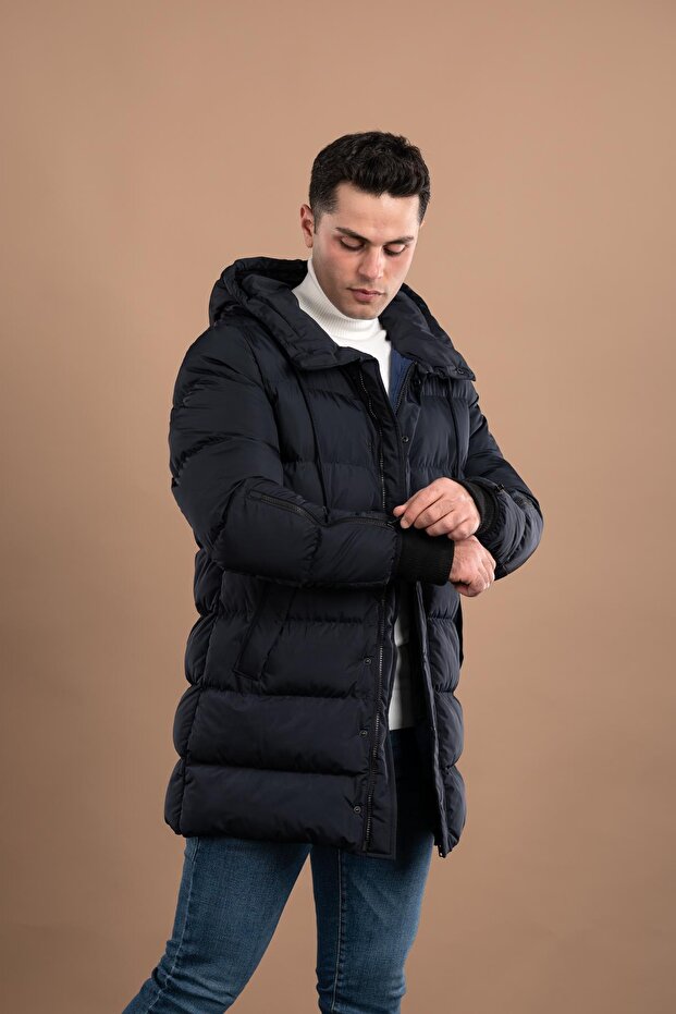Regular Fit Kapşonlu Astarlı Uzun Kalın Şişme Mont - 4