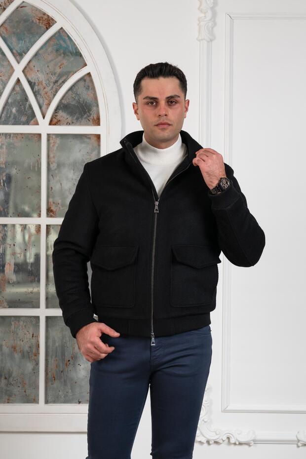 Regular Fit Wool Stand Collar Lined Fiber Inside Stamp Coat