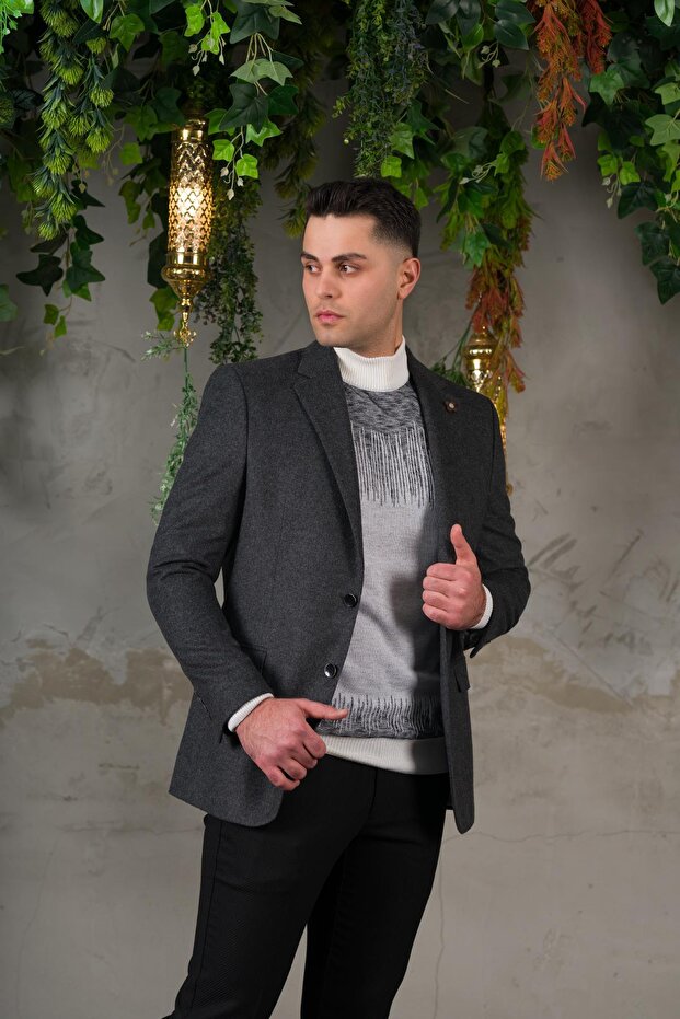 Yünlü Mono Yaka Kaşmir Çift Yırtmaç 6 Drop Kışlık Erkek Tek Ceket Sr67502 - 5