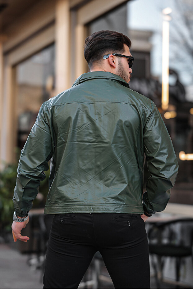 Green Double Flap Pocket Leather Coat & Jacket - 4