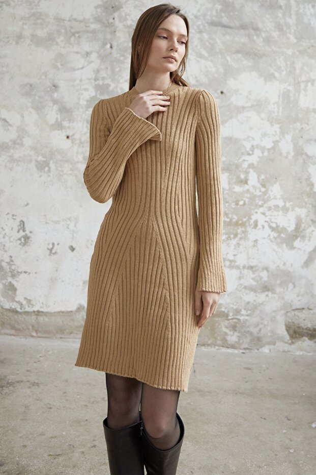 Fitilli Kısa Triko Elbise - Camel - 3