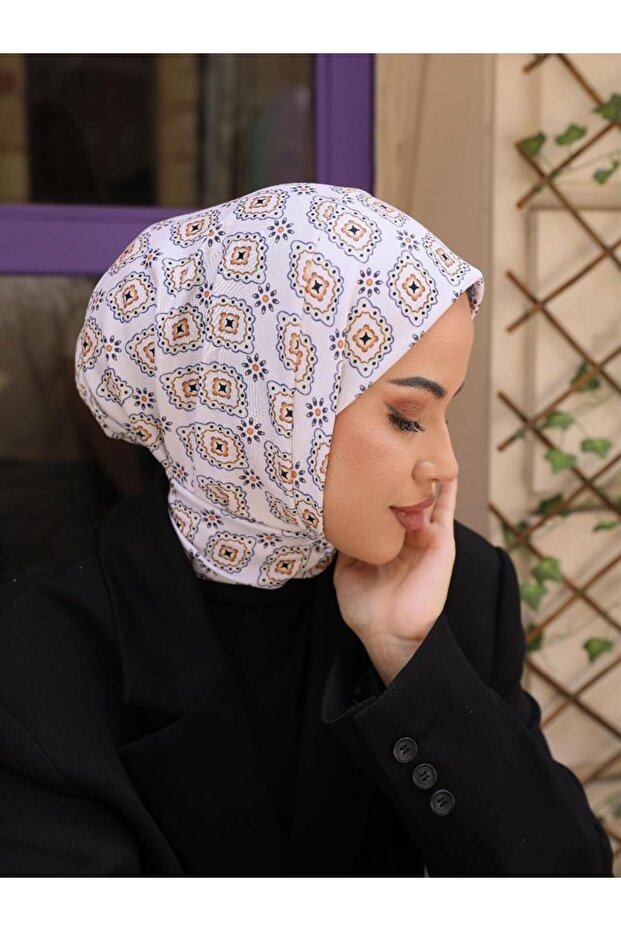 DC24 Patterned Snap Fastener Ready Practical Hijab Daily and Pool Bonnet Hijab Women's Shawl Scarf