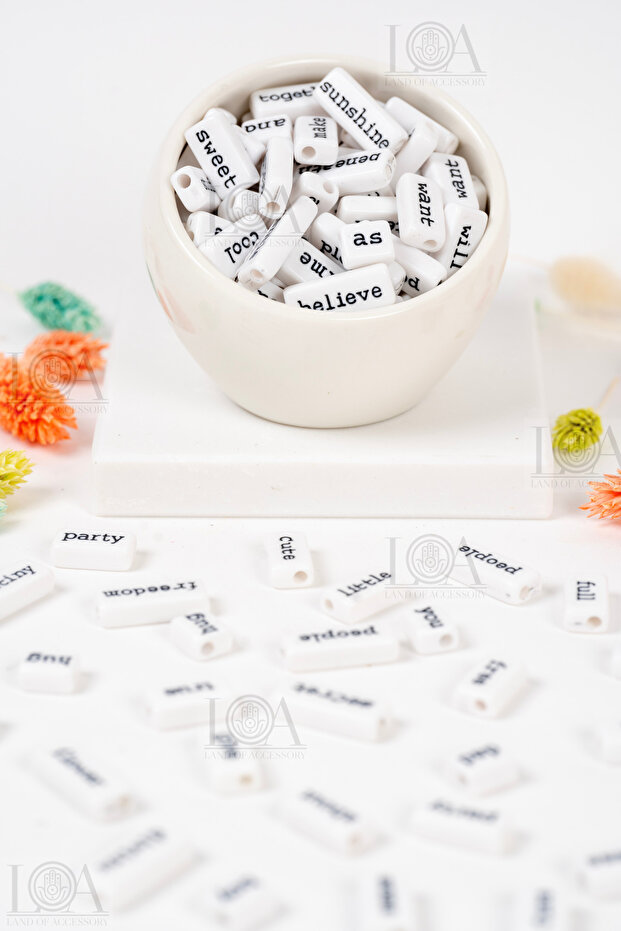 50 gr Plastic Mixed Words, Black Mixed Words Beads on White -(50 GRAMS ~ 50 PIECES)