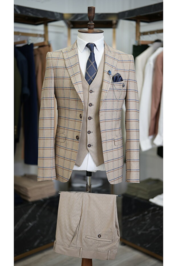 Men's Plaid Suit Italian Cut Jacket Vest Trousers Slim Fit - Blue