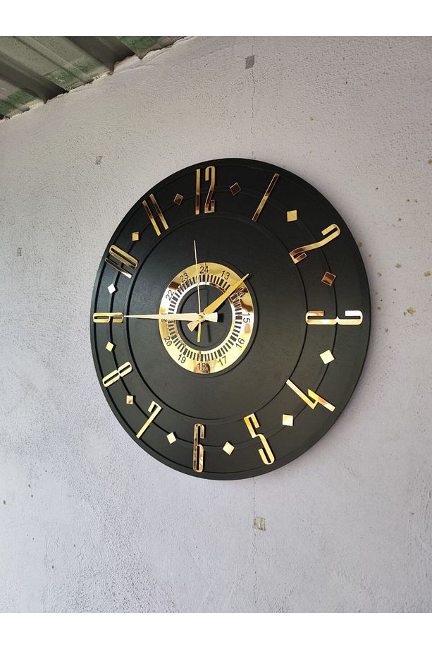 Siyah Renk Gold Sayılı Hediyelik Ahşap Dekoratif Farklı Desenli Ev Hediyelik Duvar Saati 50cm - 4
