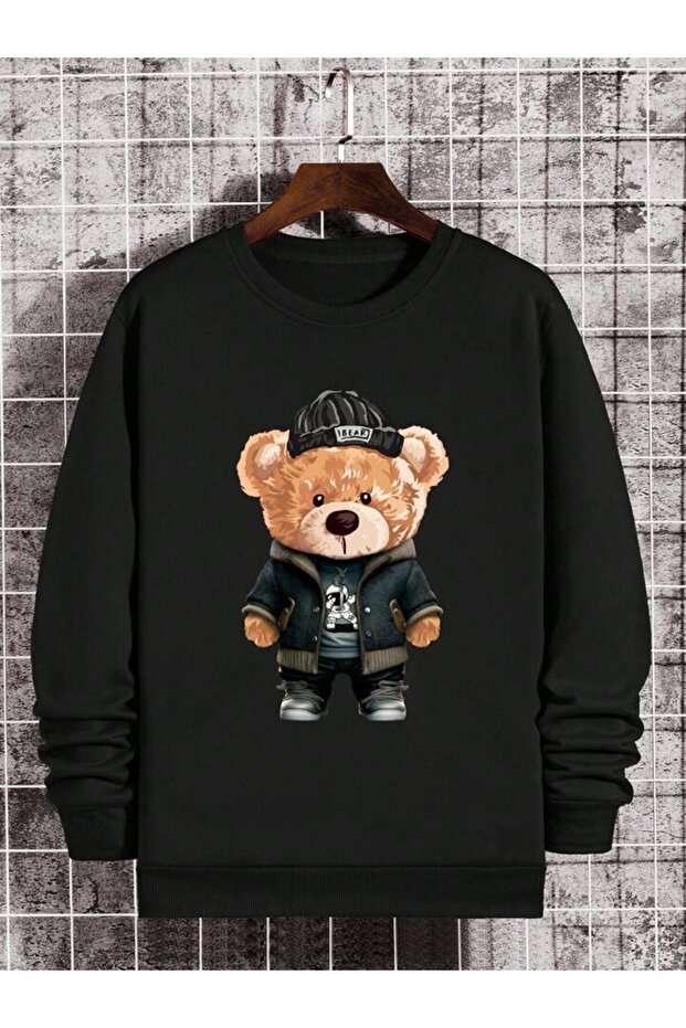 Unisex Bear Printed Oversize Casual Crew Neck Sweatshirt Hoodie