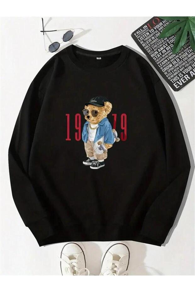 Unisex Bear Printed Oversize Casual Crew Neck Sweatshirt Hoodie