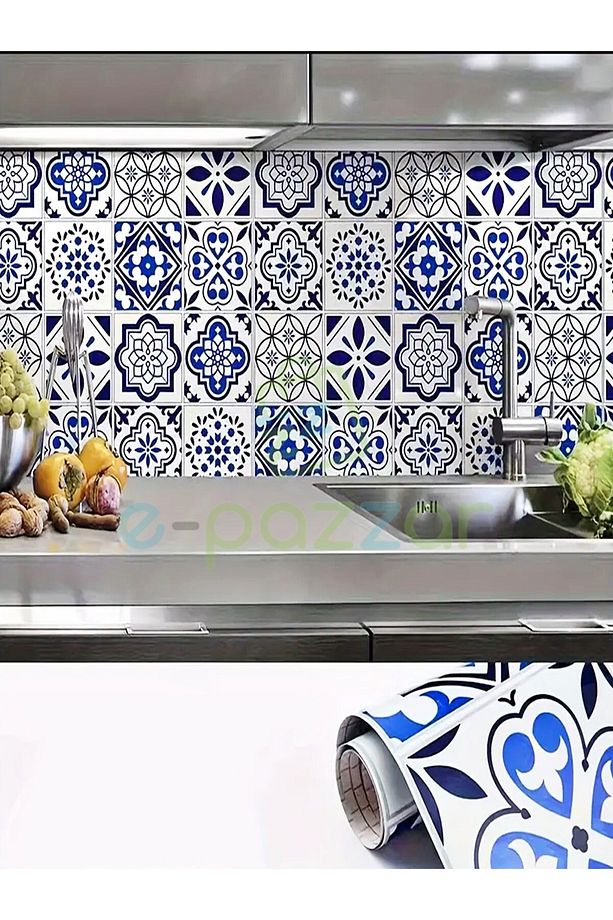 5 Metre X 60 Cm Retro Mavi Çini Desenli Mutfak Banyo Fayans Tezgah Masa Dekorasyon Yapışkanlı Folyo - 1