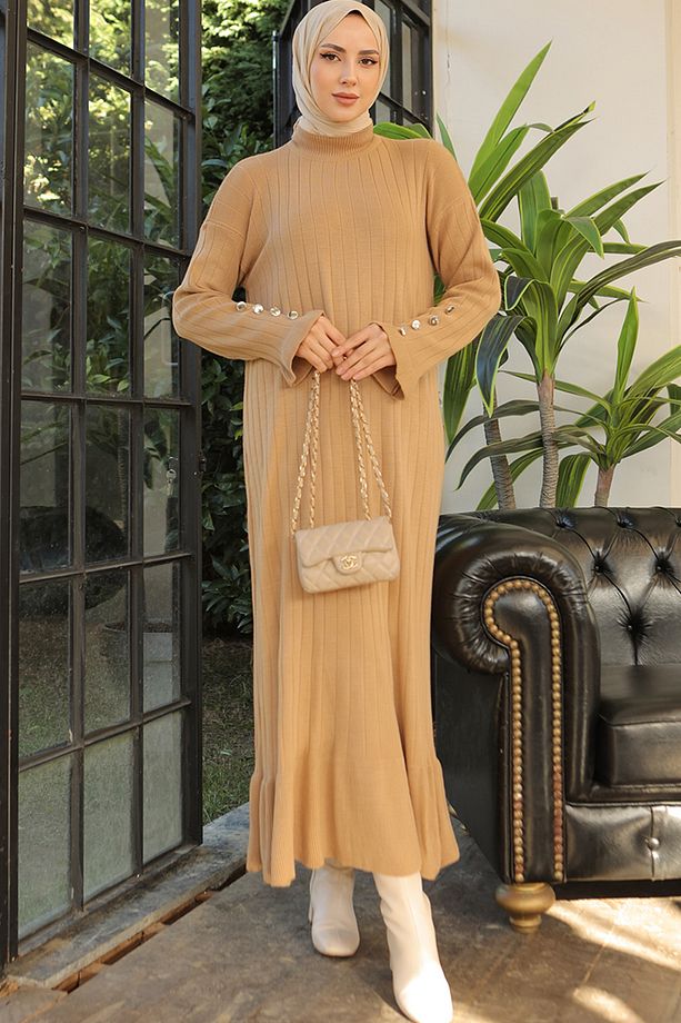 23009 Fırfırlı Triko Elbise Camel - 6