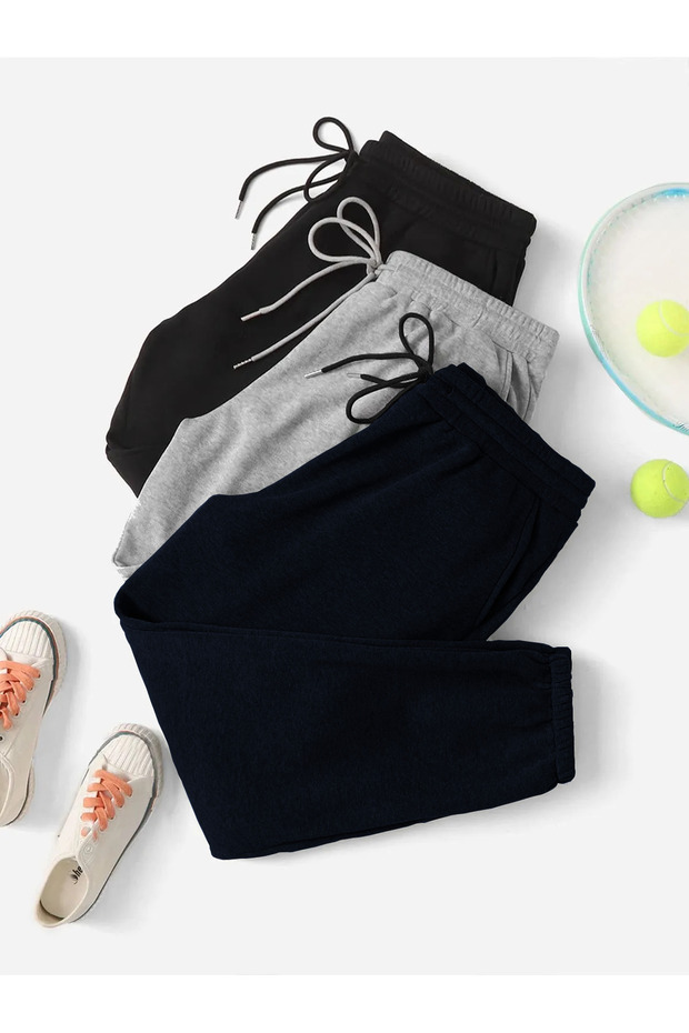 Unisex Black-Grey-Navy Blue 3-Piece 2 Rope Knitted Fabric Waist and Leg Elastic Sweatpants