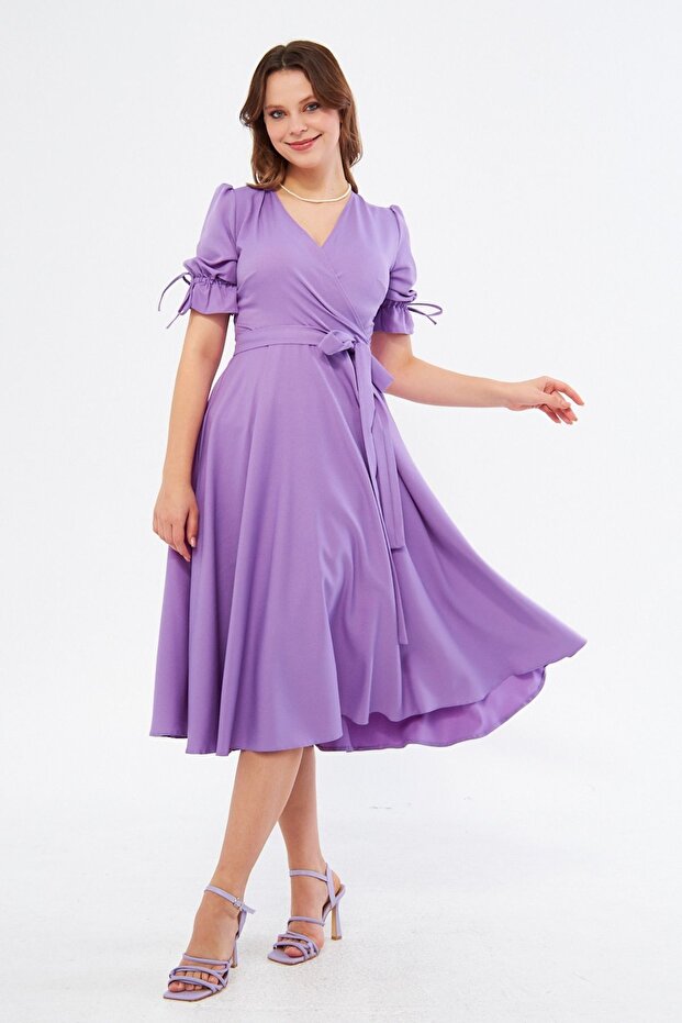 Lilac Double Breasted Collar Gathered Short Sleeve Sleeves Elastic Belted Midi Length Dress